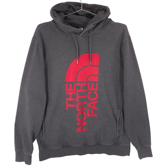 The North Face Hoodie Mens Large Gray Red Big Logo Outdoor Long Sleeve Pullover - Picture 1 of 11